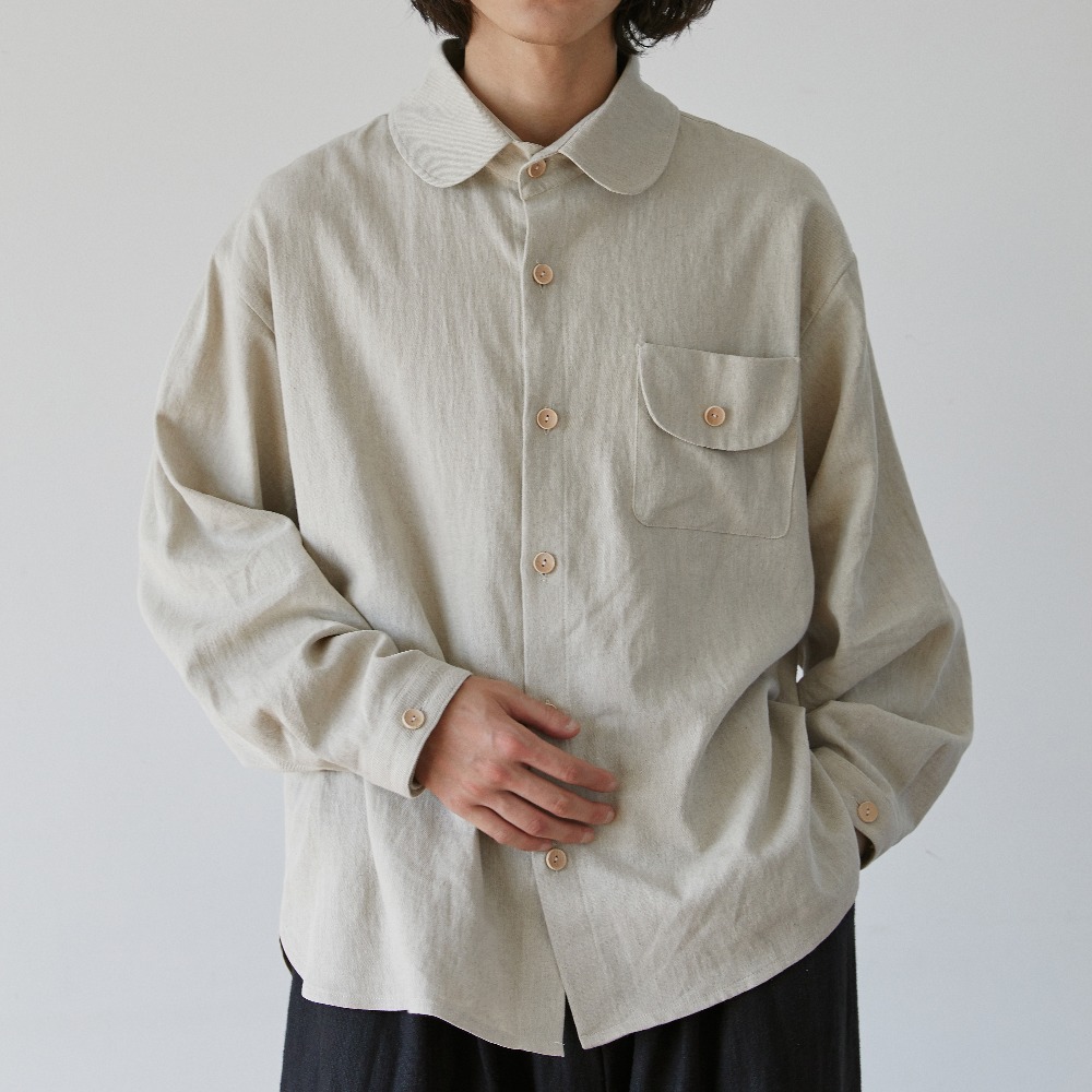 unisex linen round button shirts beige [3color]