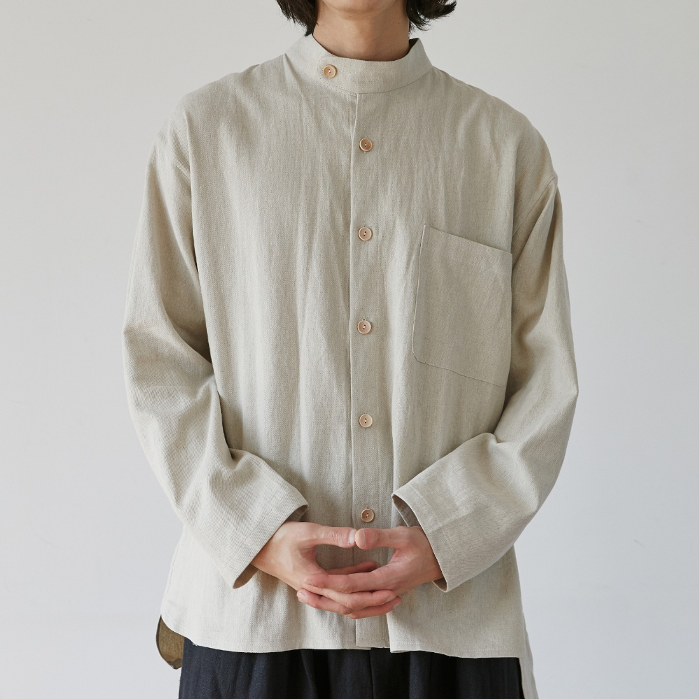 unisex linen button neck shirts beige [3color]