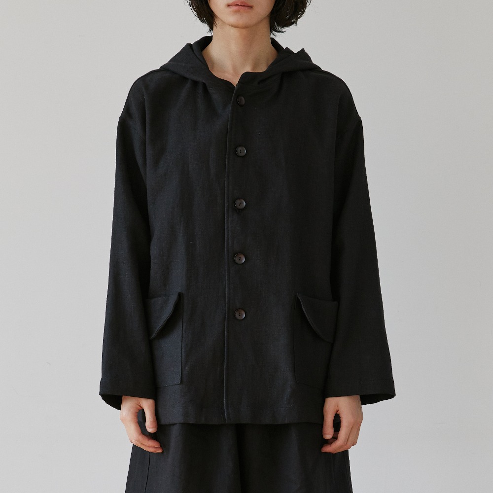 unisex linen pocket hood jacket black [2color]
