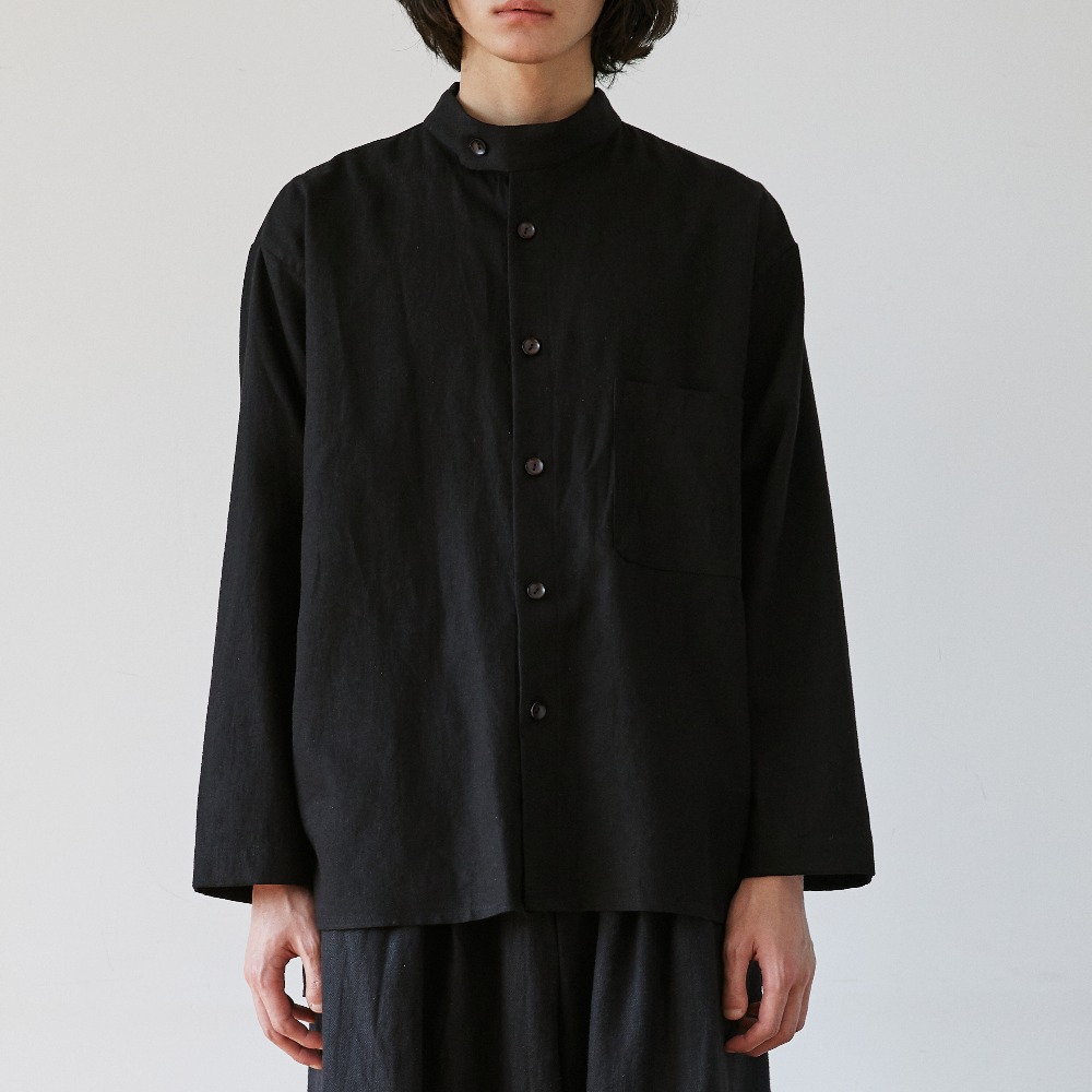 unisex linen button neck shirts black [3color]